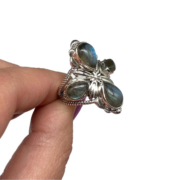 Blue Fire Flash Labradorite Ring Size 7.5 Solid Sterling Silver 925 Statement - Picture 8 of 12